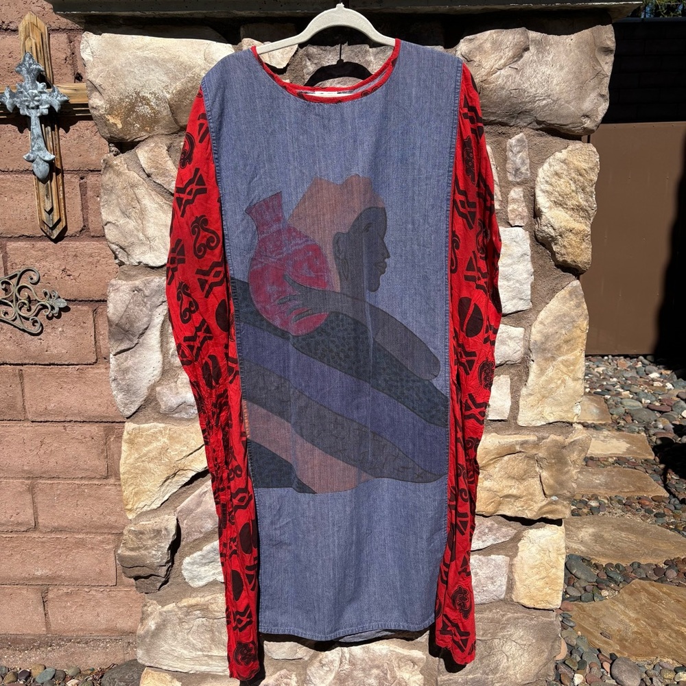 G Unit Fashions New York Kaftan Art Graphic Denim Maxi Dress One Size Boho Artsy